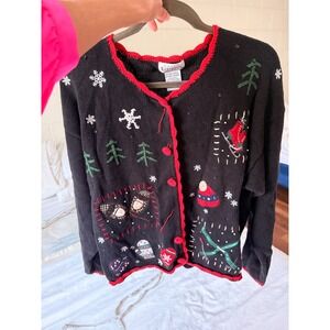 Vintage Basic Editions Holiday Vintage Christmas Sweater Cardigan Black Red XL